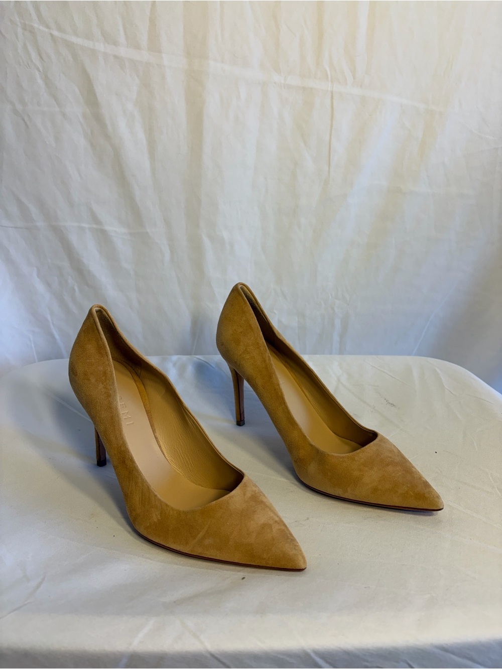 M. Gemi Pointed-Toe Suede Heels in Camel